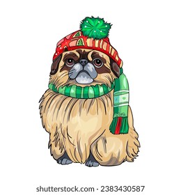 Mierda de perro vector en ropa de invierno. Un perro con sombrero. Perro sonriente, perro shih Tzu. Imprimir, logotipo, icono aislado