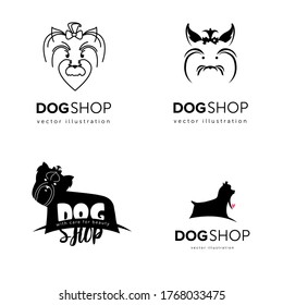 Plantillas de diseño del logotipo de la tienda de perros vectores. Las siluetas de yorkshire terrier. Crecer por perros.