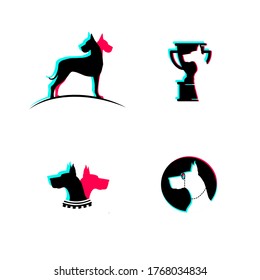 Vector dog shop logo design templates. Great Dane silhouette. Grooming for dogs. Glitch effect in the sign.