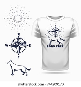 Vector dog silhouette view side for retro logos, emblems, badges, labels template vintage design element. Isolated on t-shirt blank