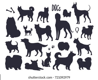 Vector dog silhouettes, different breeds, isolated sketch collection. Black Dog icons, vector illustration.
