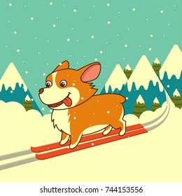 Vector dog skiing on winter mountains background. Welsh corgi dog. For Xmas, New Year poster, calendar