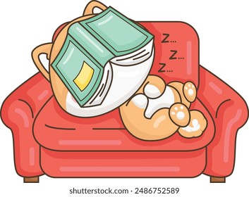 a vector of a dog sleeping with a book on the sofa