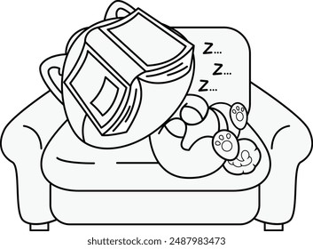 a vector of a dog sleeping with a book on the sofa in black and white coloring