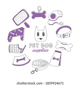 Vector dog supplies. Set of hand drawn icons - feed, tag, comb, overalls, collar, bowl, bone, tape, leash. Pet shop concept with text, isolated on white background