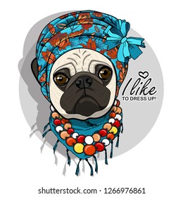 Vector dog with turban and necklaces. Hand drawn illustration of dressed pug.