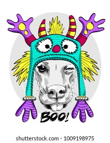 Vector dog with variegated hat-mask. Hand drawn illustration of dressed dog. 