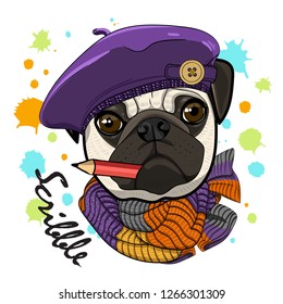 Vector dog with violet hat, pencil and knitted  scarf. Hand drawn illustration of dressed pug artist.