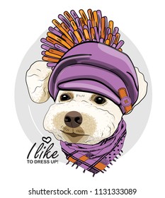 Vector dog with violet hat and scarf. Hand drawn illustration of dressed dog.