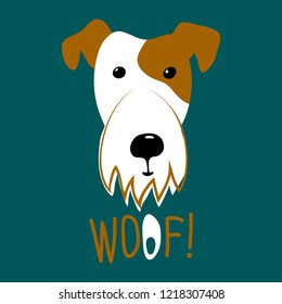 vector dog white fox terrier word woof on dark background childish design for textile paper kids things
