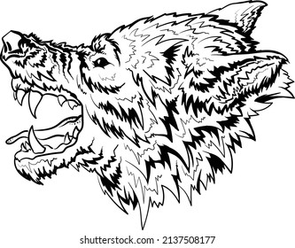 El perro vector o el lobo para el tatuaje o la ropa interior de la camiseta.  Estilo de impresión lindo logotipo perro o fondo de lobo. Este dibujo a mano sería agradable de hacer en la tela negra o lienzo.