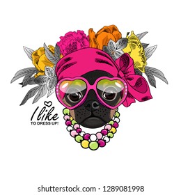 Vector dog with wreath, bow, glasses, flowers and necklace. Hand drawn illustration of dressed brabancon.