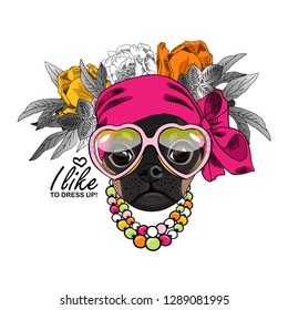Vector dog with wreath, pink bow, pink glasses, flowers and necklace. Hand drawn illustration of dressed brabancon.