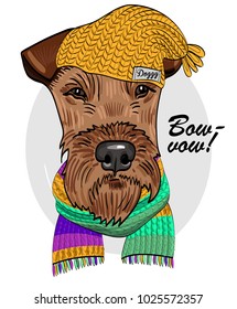 Vector dog with yellow knitted hat and scarf. Hand drawn illustration of dressed dog.