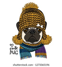 Vector dog with yellow knitted hat and scarf. Hand drawn illustration of dressed pug.