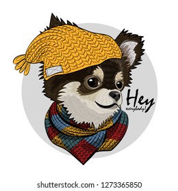 Vector dog with yellow knitted hat and scarf. Hand drawn illustration of dressed chihuahua.