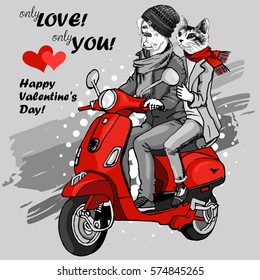 Vector dog-boy and cat-girl on a red moped.  Hand drawn illustration of dressed dog and cat. Valentines day card.