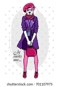 Vector dog-girl with pink bag, beret and scarf. Hand drawn illustration of dressed dog.