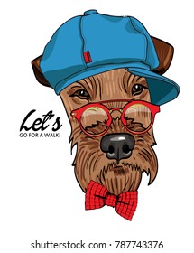 Vector doggy with blue cap, red glasses and bow tie. Hand drawn illustration of dressed dog.