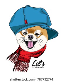 Vector doggy with cap and scarf. Hand drawn illustration of dressed dog.