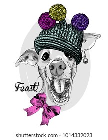 Vector doggy with knitted hat and bow. Hand drawn illustration of dressed dog.