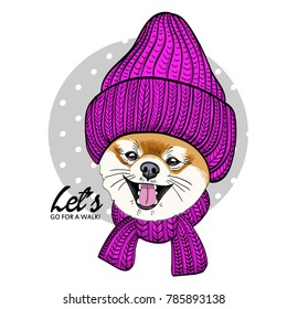 Vector doggy with knitted pink hat and scarf. Hand drawn illustration of dressed dog.