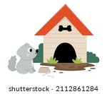 Vector doghouse icon with dog, bowl and bones isolated on white background. Flat farm kennel illustration. Cute red roofed wooden dog house with cute pet. Rural or garden scene
