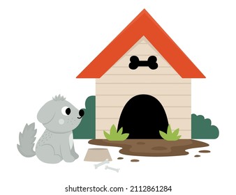 Vector doghouse icon with dog, bowl and bones isolated on white background. Flat farm kennel illustration. Cute red roofed wooden dog house with cute pet. Rural or garden scene
