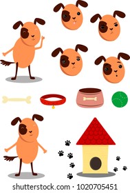 vector dogs character, emotions, dog home, toys for dog, bones 