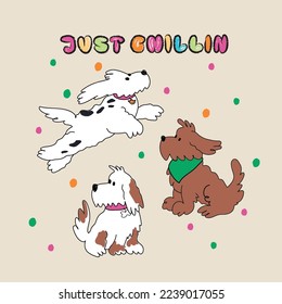 Vector dogs for clothes design. White dogs are playing in the ground. Dogs pattern can be uses for textile, wrapping paper, birthday decoration, invitation and so on. Illustration with playing dogs.