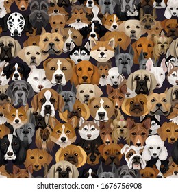 Vector dogs different breeds seamless pattern or wrapping paper dog background with husky, dalmatian, bulldog, schnuzer, spaniel and other breeds