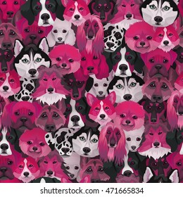 Vector dogs different breeds seamless pattern pink color endless texture