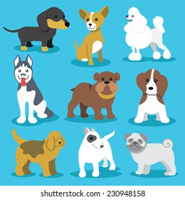 Vector Dogs Flat Icons Set Isolated on Blue Background.