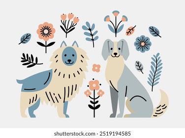 Vector Dogs with Floral Elements in Scandinavian Style Blue and Green palette