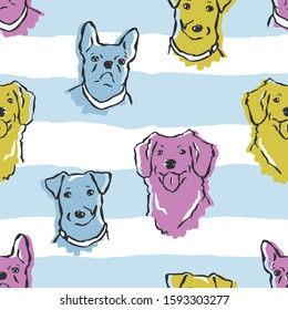 Vector dogs on blue stripes seamless pattern. Jack russell terrier, golden retriever, french bulldog drawings. Kids design or veterinary branding.