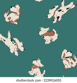 Vector dogs pattern for fabric design. White dogs are playing in the ground. Dogs pattern can be uses for textile, wrapping paper, birthday decoration, invitation and so on. Illustration with dogs.