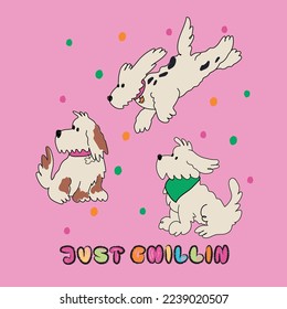 Vector dogs print for clothes design. White dogs are playing in the ground. Dogs print can be uses for textile, wrapping paper, birthday decoration, invitation and so on. Illustration with dogs.