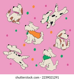 Vector dogs print for fabric design. White dogs are playing in the ground. Dogs print can be uses for textile, wrapping paper, birthday decoration, invitation and so on. Illustration with dogs.