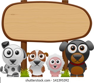 vector dogs with wooden signboard - Separate layers for easy editing