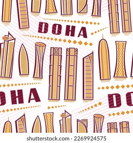 Vector Doha Seamless Pattern, square repeating background with illustration of famous financial doha city scape on white background for wrapping paper, decorative line art urban poster with text doha
