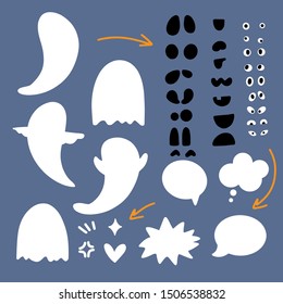 Vector do-it-yourself ghost creation kit. Flat vector illustration. Spooky cartoon ghost character constructor elements for building your own design. Trick or treat concept.
