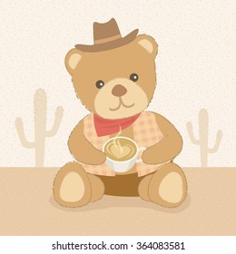 Vector the doll bear.He clothes cowboy theme and  hold the cup of coffee.Pastel color 