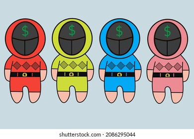 vector of doll cartoon character with dollar symbol on head. bundle package. four kinds of beautiful colors. suitable for merchandising