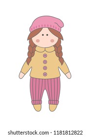 Vector doll. Cartoon girls. Toy. Tilda toy. Handmade doll. Nice illustration for for book, stickers,logo, business card or postcard.