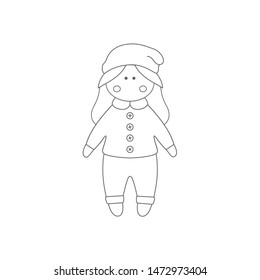 Vector doll. Toy, handmade, handmade, children's doll. Doll clothes, autumn sweater, boots, warm hat, buttons. Handmade girl.