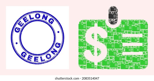 Vector dollar badge icon collage is composed from randomized recursive dollar badge items. Geelong dirty blue round stamp seal. Recursive mosaic from dollar badge icon.