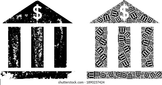 Vector dollar bank mosaic is constructed from randomized recursive dollar bank elements. Rough dollar bank icon. Recursion mosaic from dollar bank.