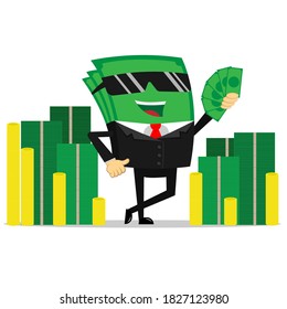 vector dollar bill character with pile of bills
