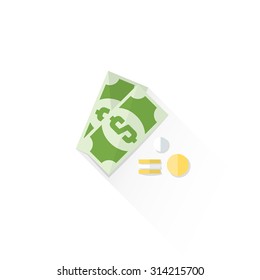 Vector Dollar Bill And Coins Colored Flat Design Isolated Cash Money Illustration On White Background With Shadow