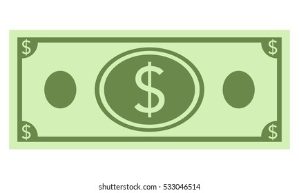 Vector dollar bill icon isolated on white background.  Flat design vector illustration for web banner, web and mobile. Dollar currency banknote green. Flat illustration of money.